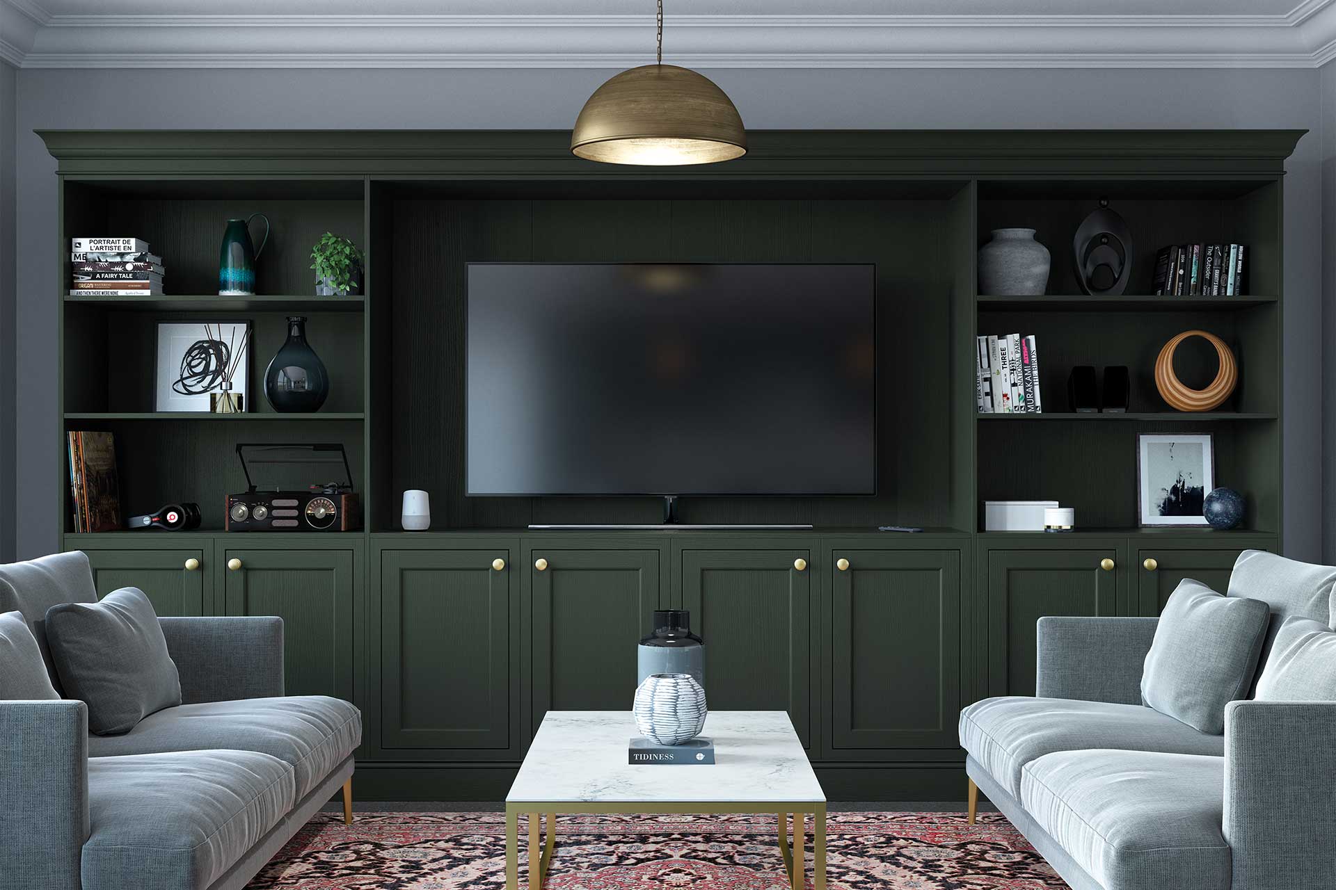 Belgravia Shaker Media Wall in Deep Forest Green installed by DC Interiors Sheffield and Doncaster