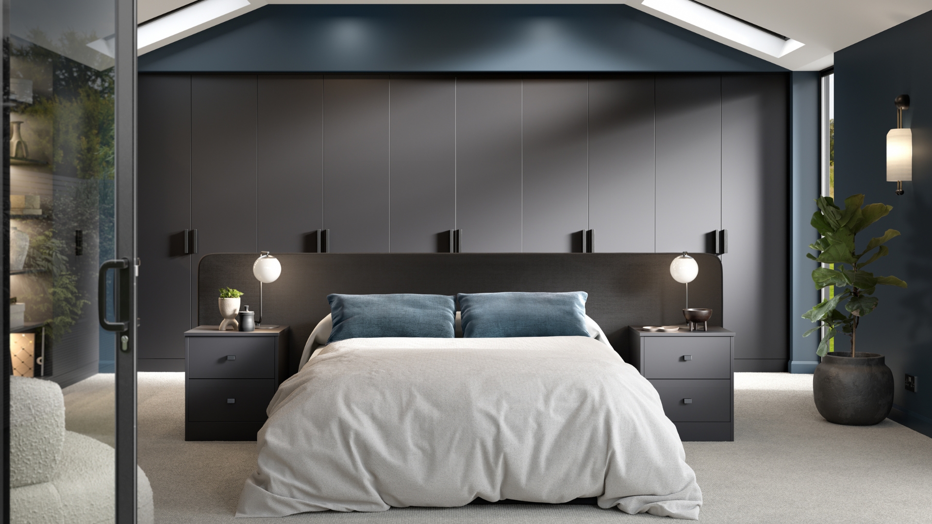 Aubergine coloured fitted wardrobes and sleeping area with cabinets by DC Interiors in Sheffield