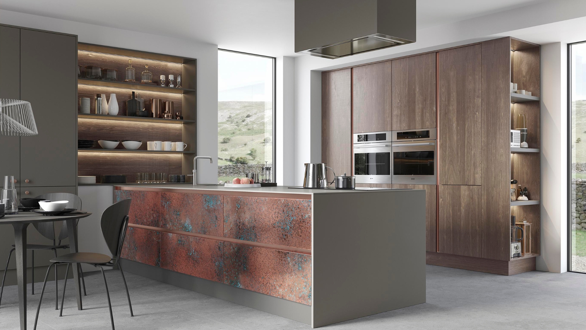 A bespoke fitted kitchen with copper detailing and open shelves in Doncaster by DC Interiors